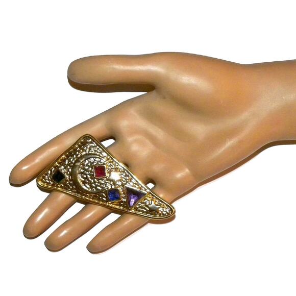 80s Large Gold Brooch with Moon Stars Multi Color Gemstones - Picture 2 of 6